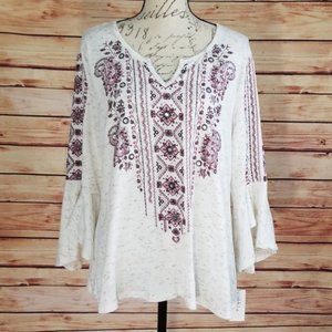 NWT Style & Co Embroidered Bell Sleeve Boho Top